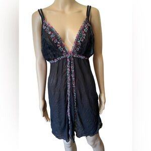 Cacique Plus Size Black Pink Sheer Embroidered Floral Lingerie Mini Slip Dress